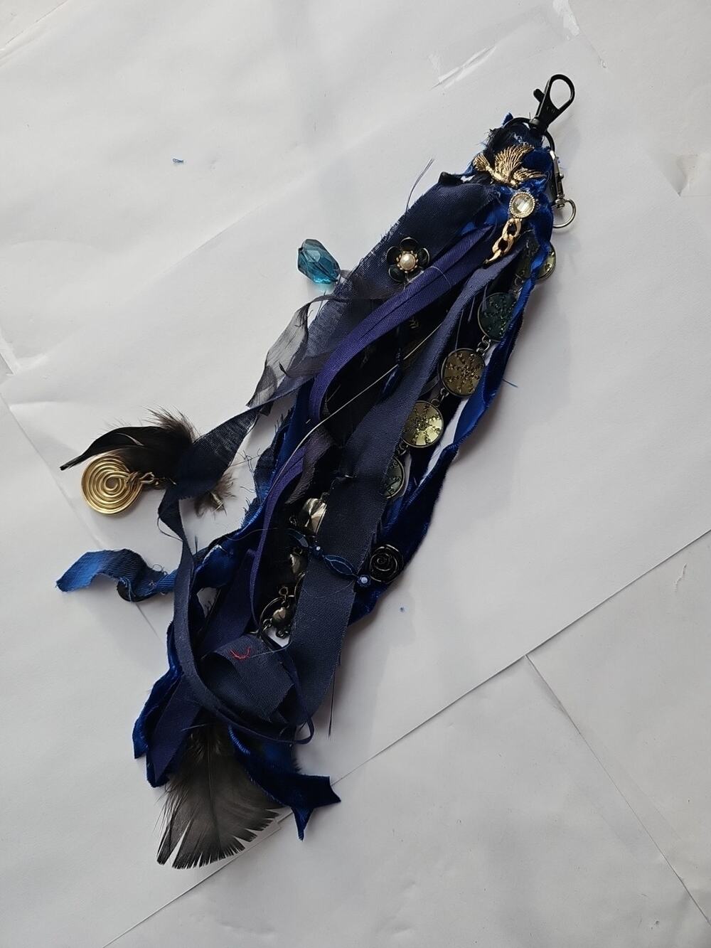 Purse Bag Charm Key Ring Keychain Shabby Bling Blue Black Boho Upcycled 14"